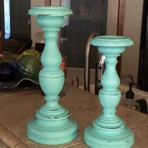 Two teal blue distressed Candlesticks